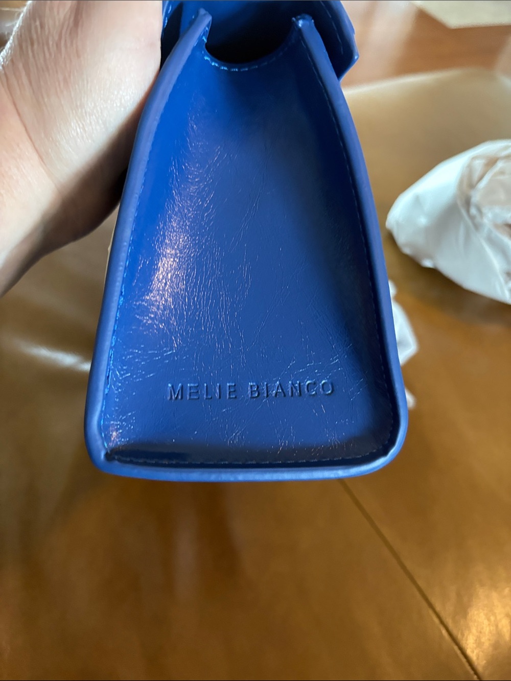 Melie Bianco Anthropologie Navy Blue Mini Top-Handle Bag with Cream Polka Dots - Picture 9 of 10